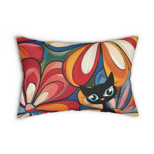 Atomic cat colorful floral art Spun Polyester Lumbar Pillow, retro inspired, flower power cushion, bedroom living room, black cat lover gift