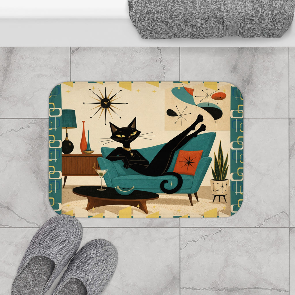 Mid Century Lounge Atomic Cat Bath Mat | Retro Atomic Living Room Design