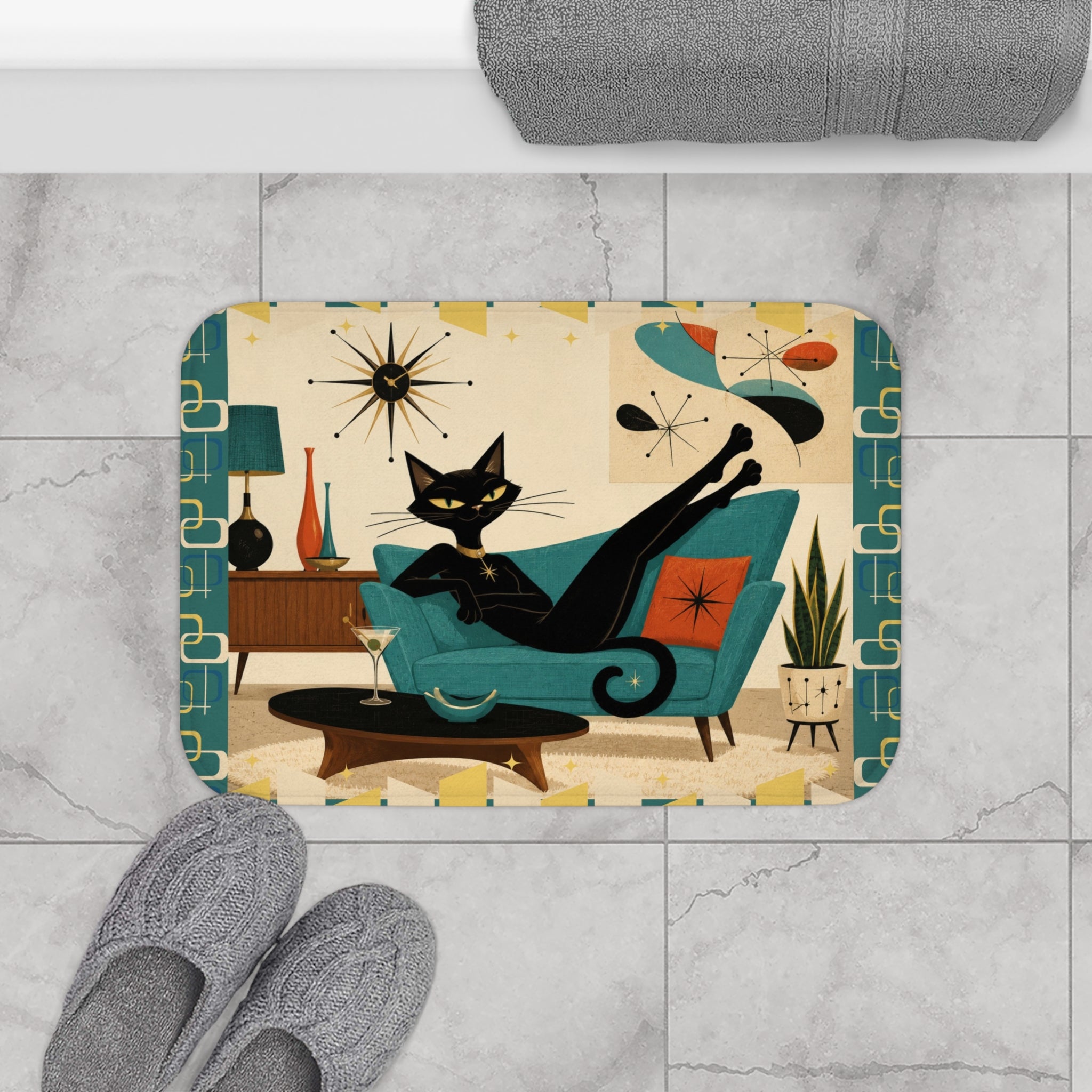 Mid Century Lounge Atomic Cat Bath Mat | Retro Atomic Living Room Design