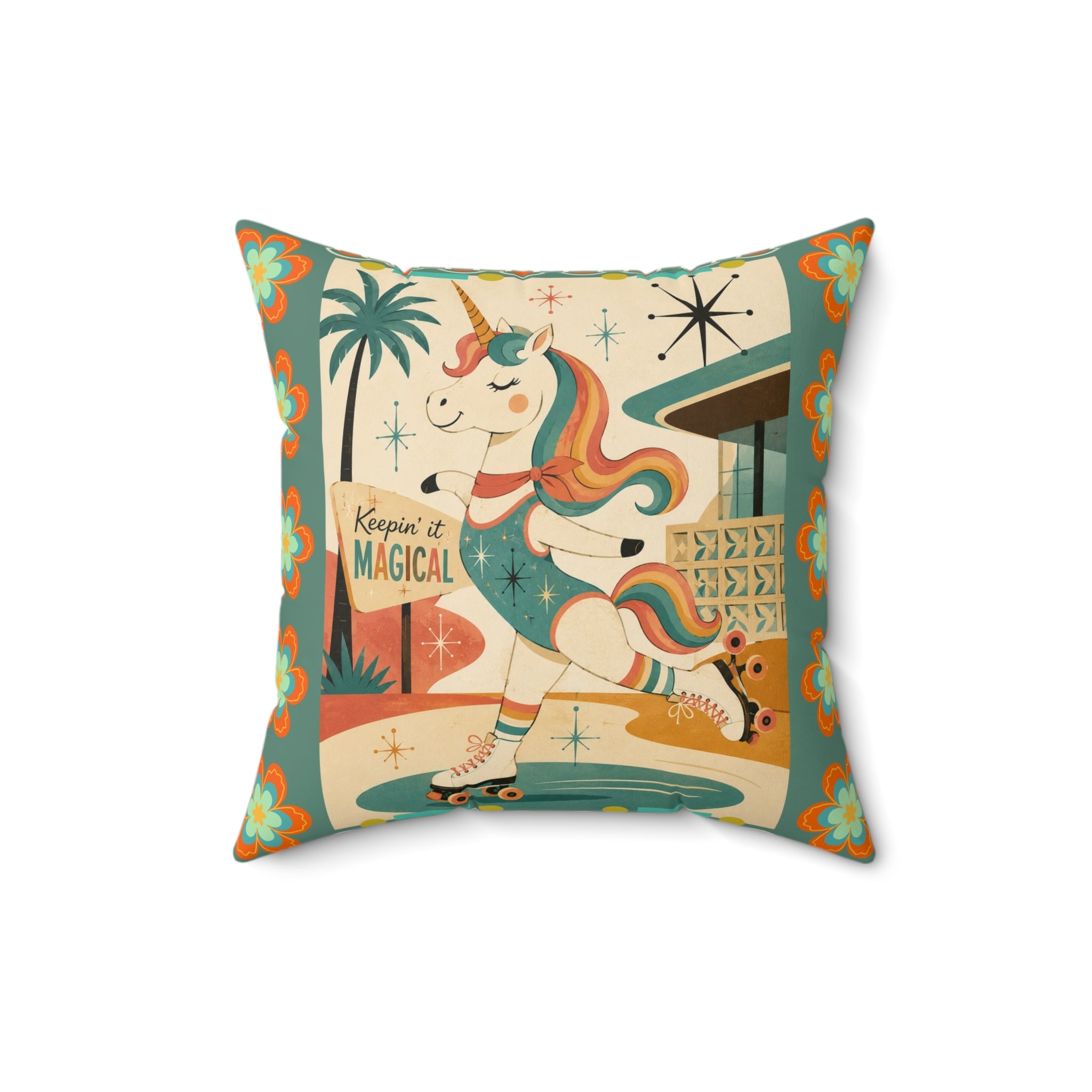 Retro Roller Skating Unicorn pillow | Square Polyester Throw Pillow, Vintage Rainbow Unicorn