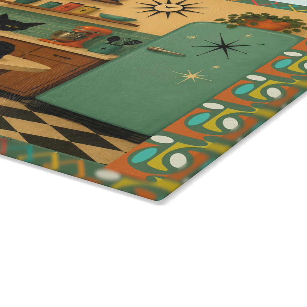 Retro Atomic Black Cats Kitchen Glass Cutting Board | Mid Century Cat Artwork
