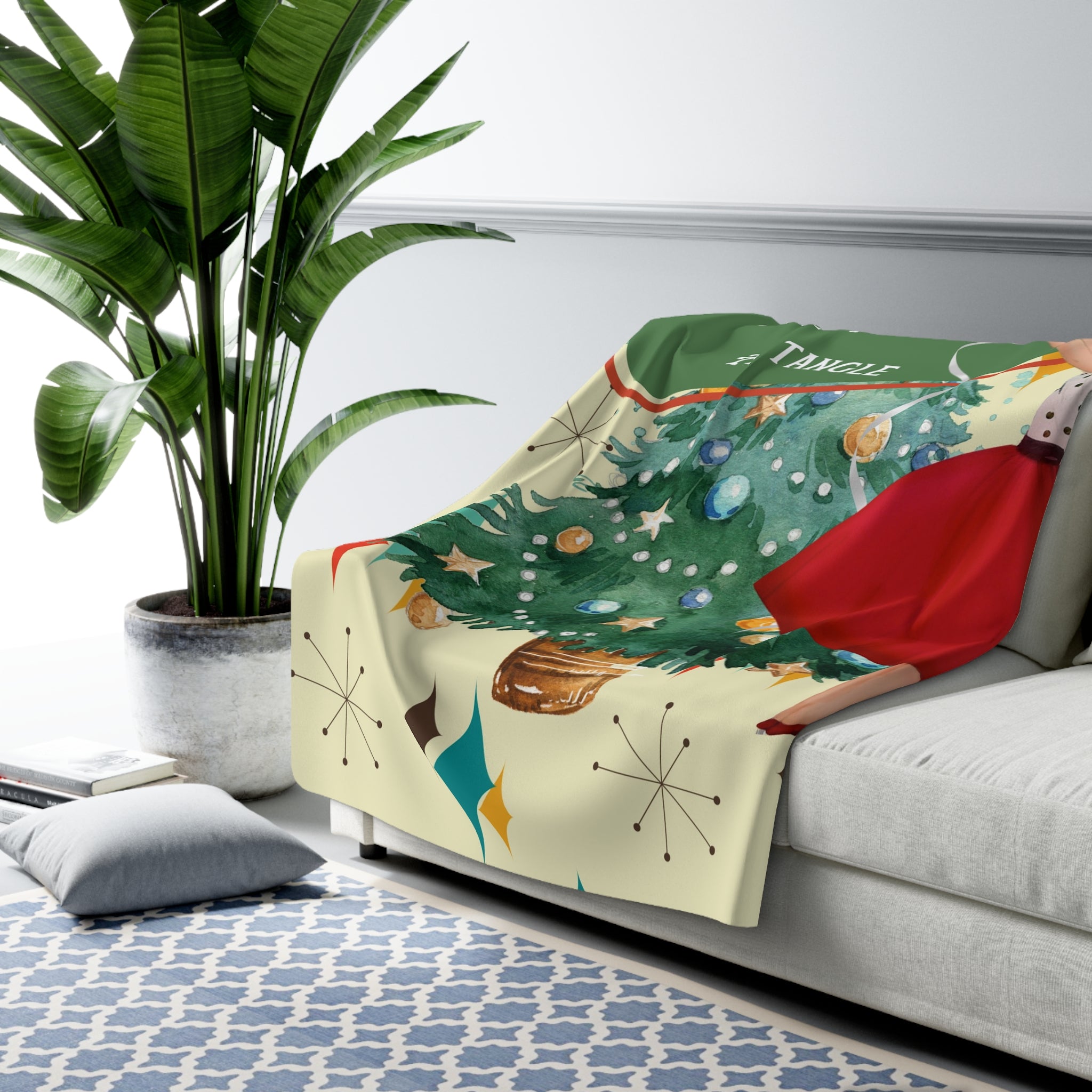 Vintage Christmas Sherpa Blanket — "Don’t Get Your Tinsel in a Tangle" Retro Holiday Throw