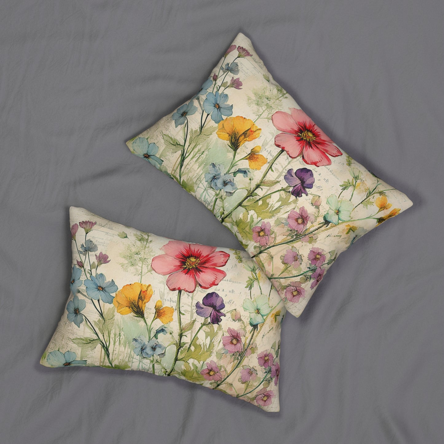 Wildflowers watercolor Shabby chic Polyester Lumbar Pillow, chic living room decor, cottage garden, scatter cushion, support pillow