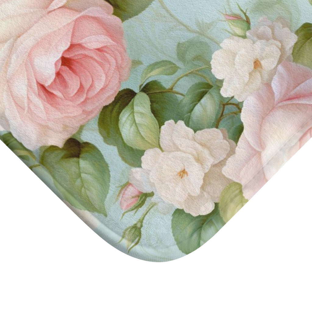 Pink vintage delicate roses Bath Mat, French vintage inspired, floral, anti-slip, shabby chic style bath mat