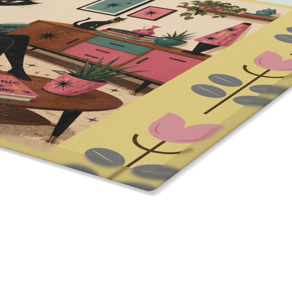 Retro Lounge Atomic Cat Glass Cutting Board | Mid Century Kitchen Decor