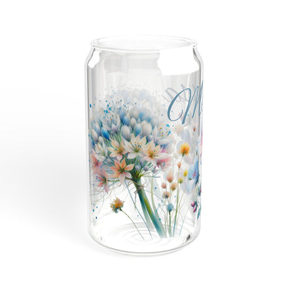 Personalized floral name Sipper Glass, 16oz, wildflowers glass, cute coffee cup, iced coffee glass with lid and straw