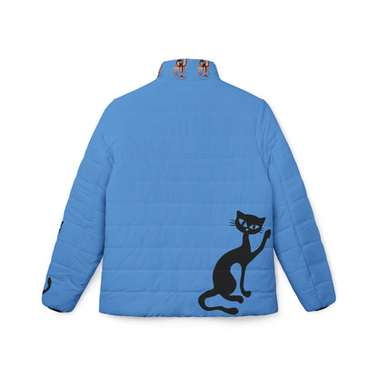 Atomic cat good vibes retro blue Womens Puffer Jacket, Mid Century Modern, 50s 60s inspired, cute ladies jacket, black cat lover gift