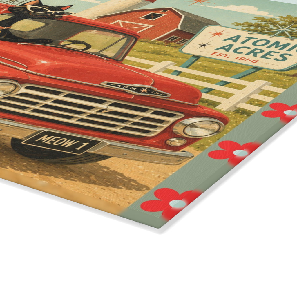 Retro Atomic Black Cats on Red Truck Glass Cutting Board | MCM Atomic Acres Farm