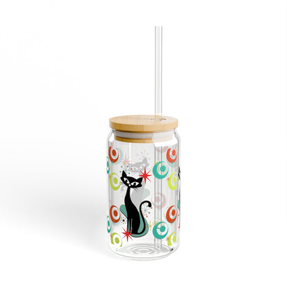 Atomic cat Sipper Glass, 16oz, Cute coffee glass, Mid century, Glass tumbler, Cute coffee cup, straw and lid, Iced coffee glass