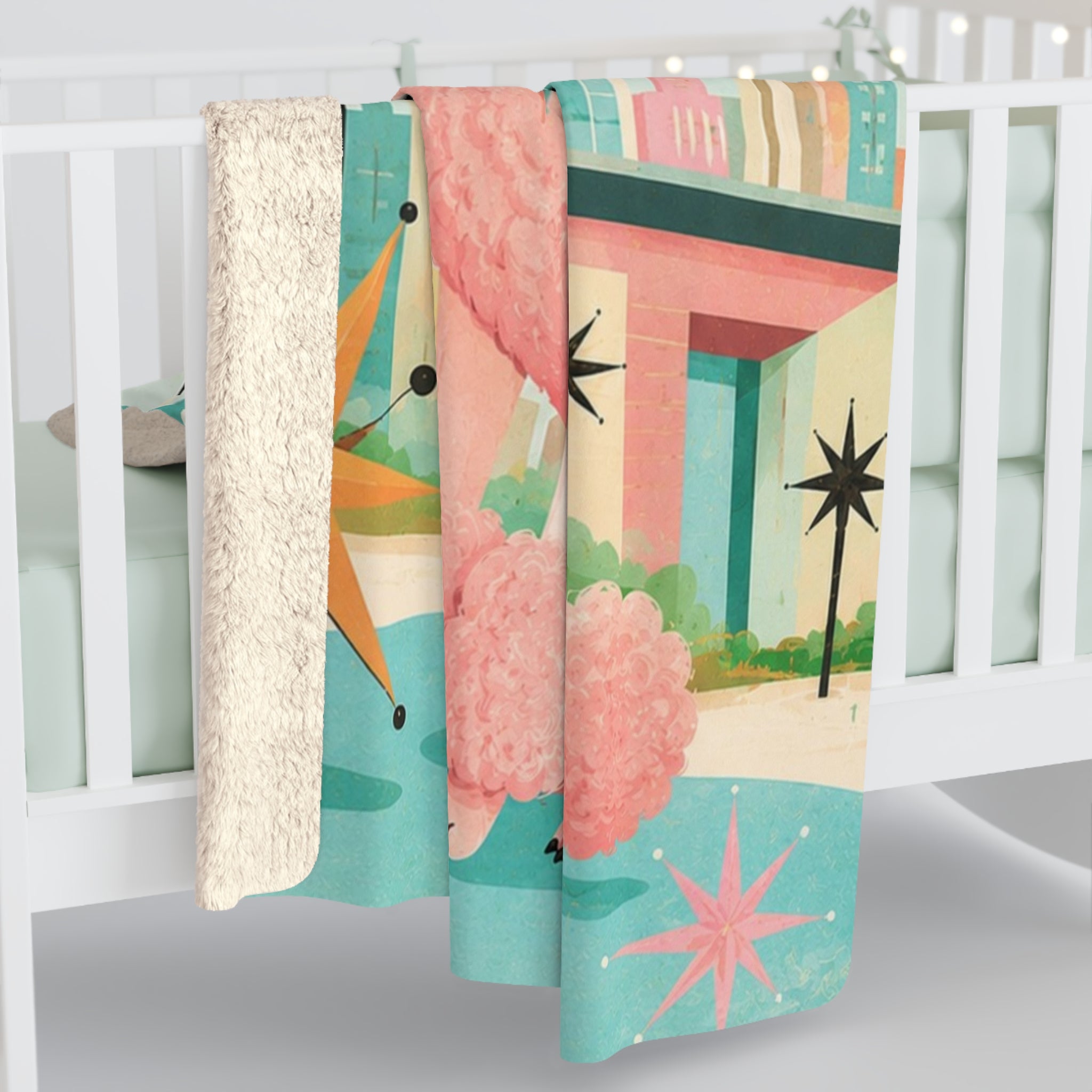 Retro Fabulous Pink Poodle Sherpa Blanket | Mid Century Cityscape