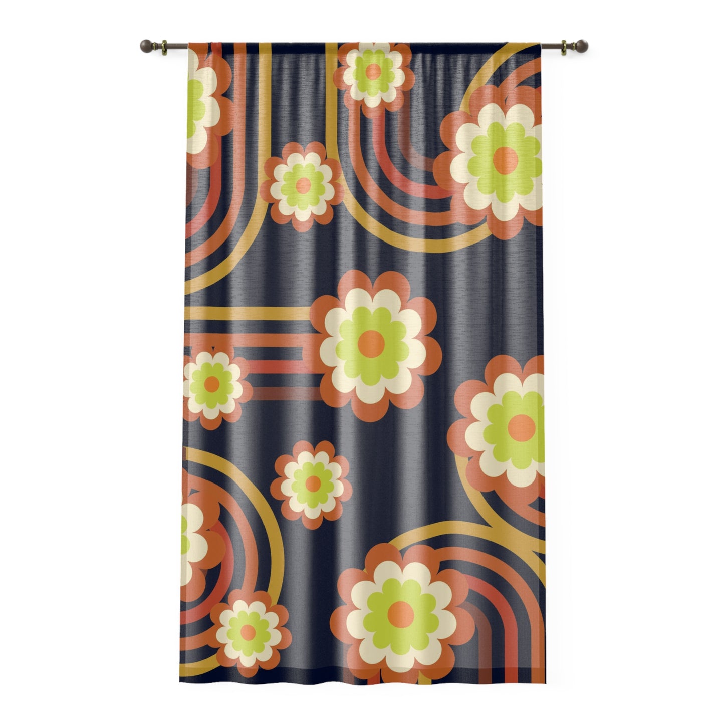 Retro design hippie flowers and rainbows sheer Window Curtain, mid century modern, MCM home decor