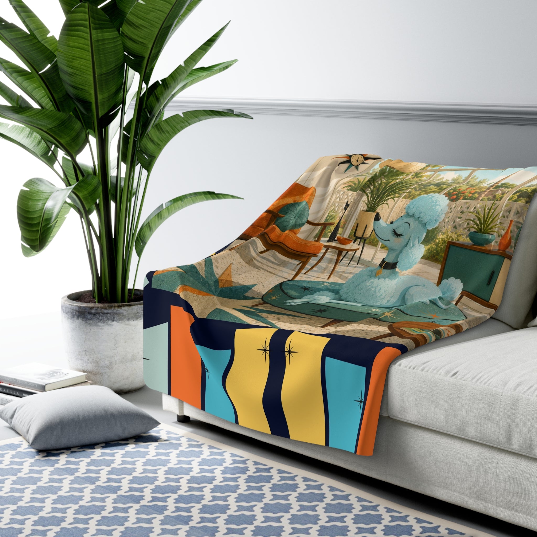 Retro Living Room Poodle Sherpa Fleece Blanket | Mid Century Dog Patio Scene