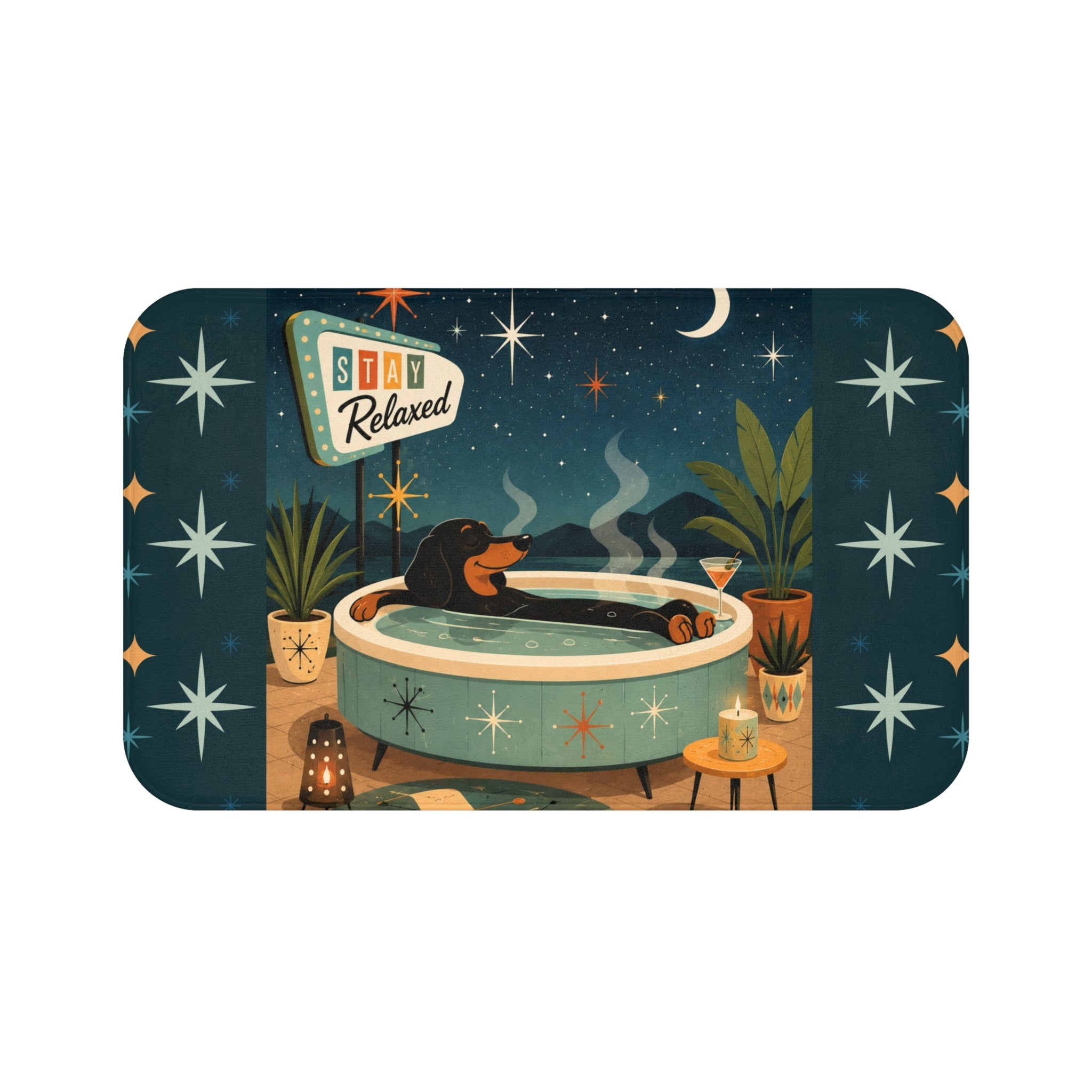 MCM Relaxed Dachshund in Bathtub Bath Mat | Retro Night Stars Spa