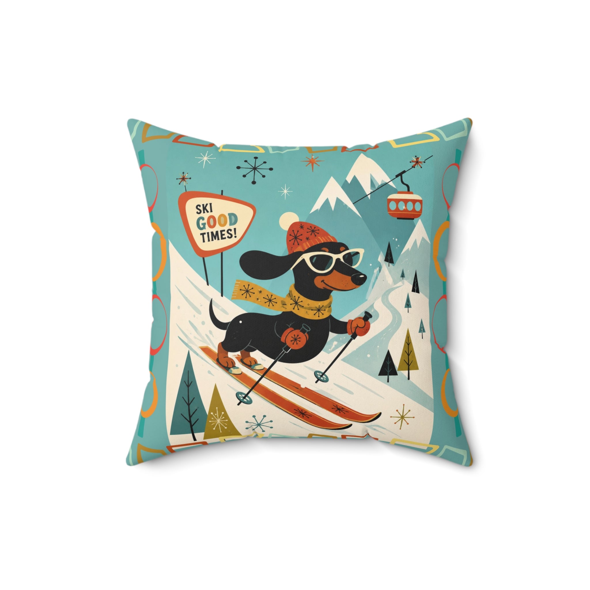 MCM Skiing Dachshund Pillow | Square Polyester Throw Pillow, Retro Winter Ski Art