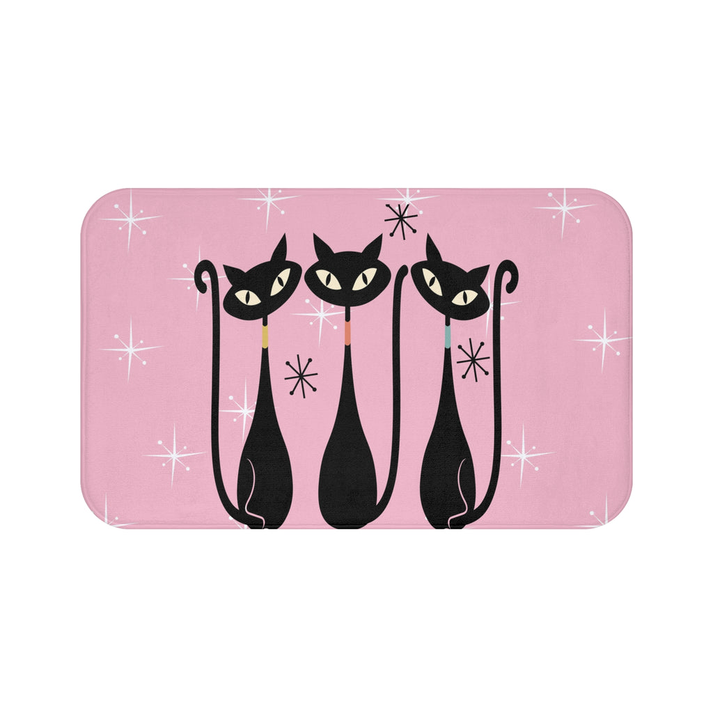 Pink Retro Black Cats Bath Mat — Mid-Century Modern Kitty Bathroom Rug