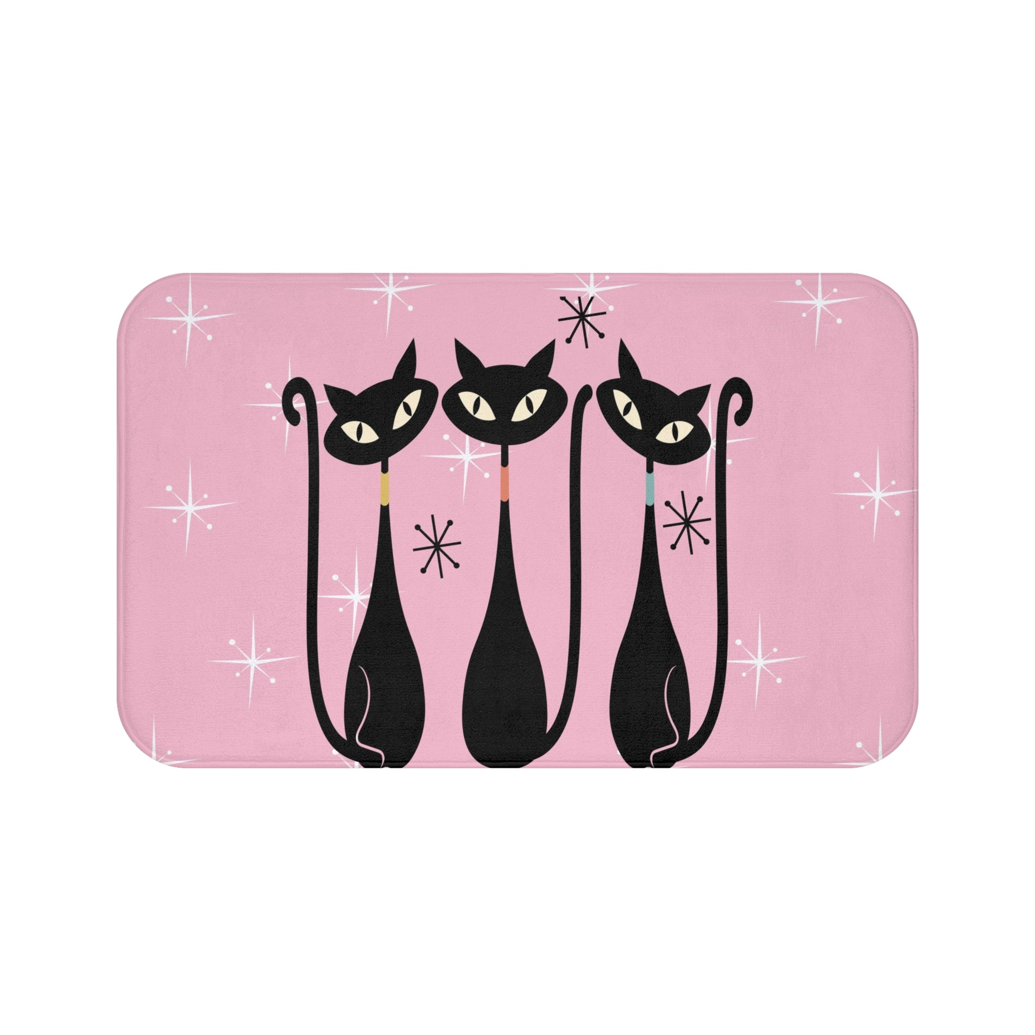 Pink Retro Black Cats Bath Mat — Mid-Century Modern Kitty Bathroom Rug
