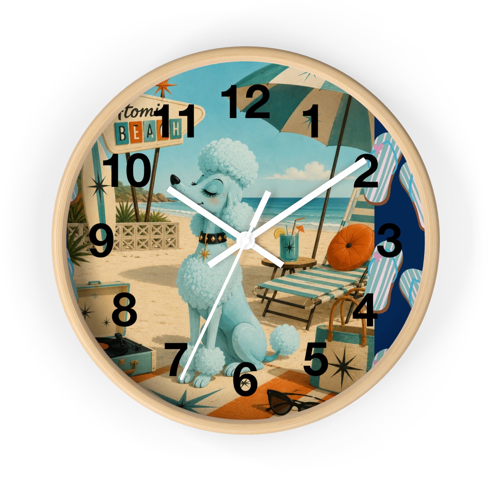 Retro Beach Poodle Wall Clock | Vintage Coastal Decor, Nautical Seaside Scene