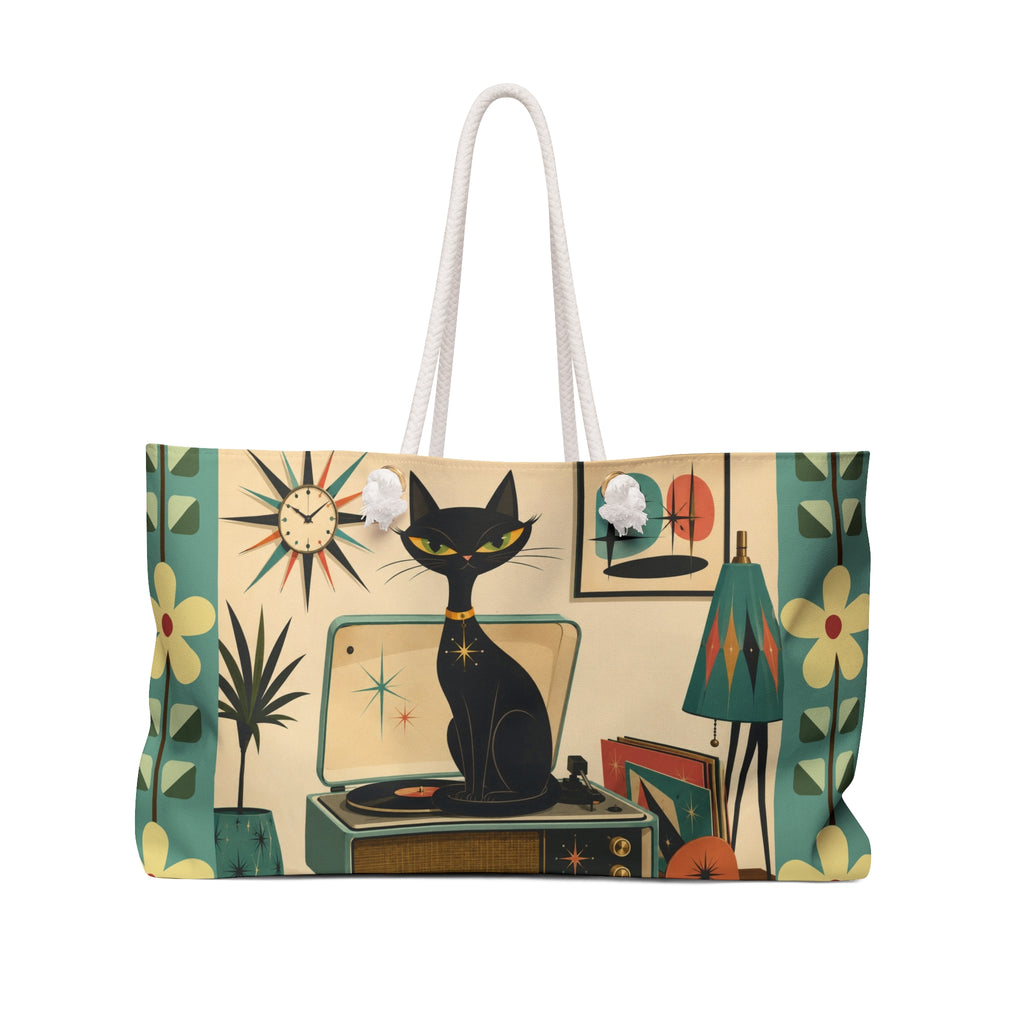 Mid Century Atomic Black Cat Record Player Weekender Bag | Retro Atomic Home Decor