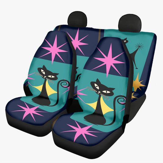 Atomic cat and pink starburst retro Microfiber Car Seat Covers - 3Pcs, black cat lover gift, MCM car seat covers