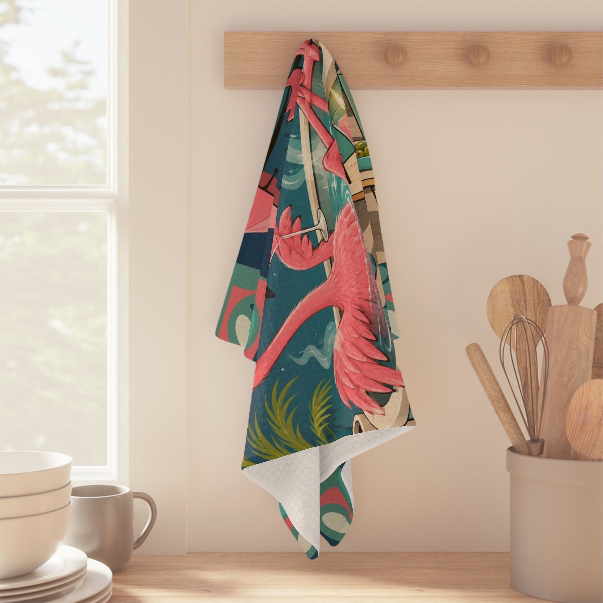 Retro Flamingo in Hot Tub Microfiber Tea Towel | Mid Century Tropical