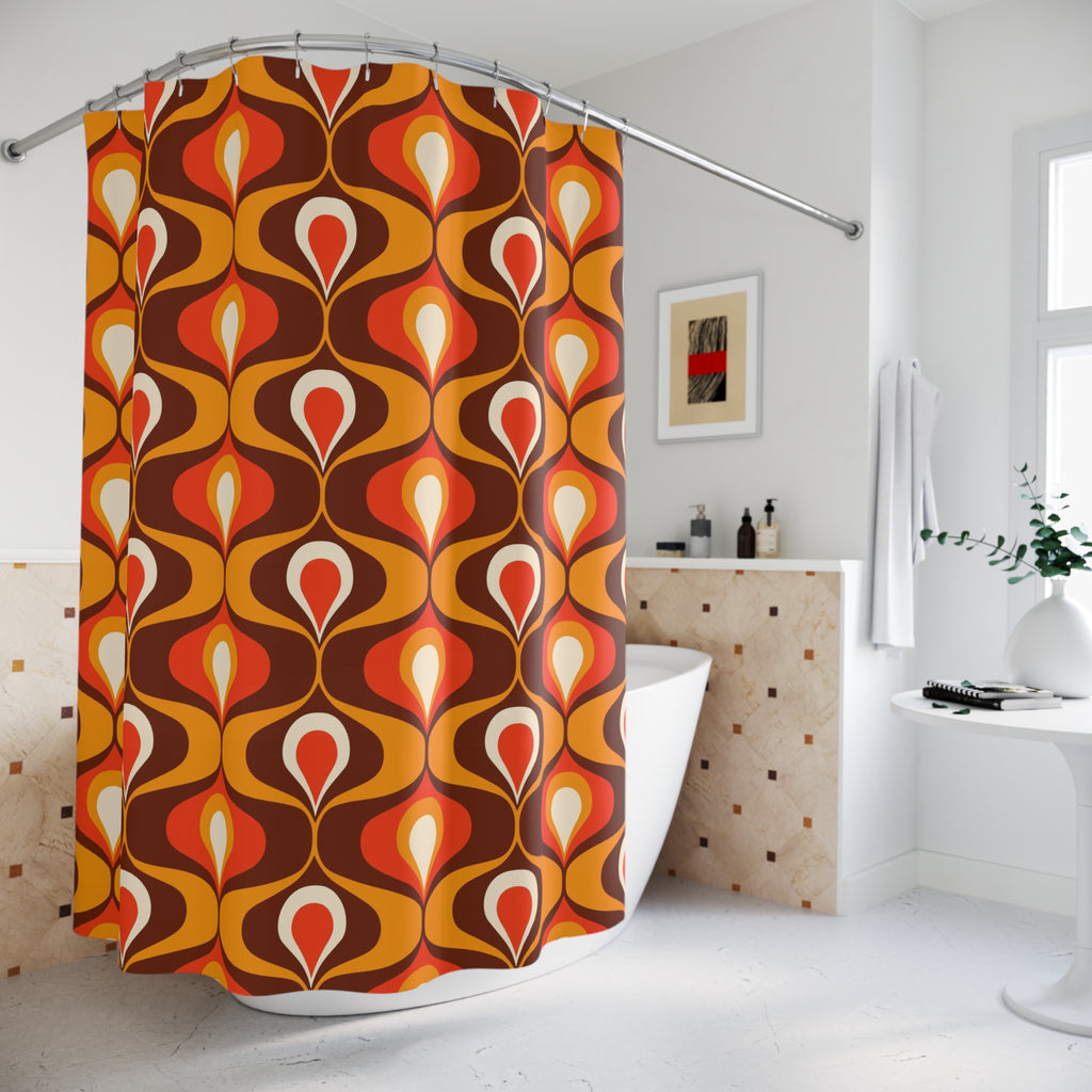 Retro 1970s Geometric Shower Curtain — Orange Brown Mod Pattern