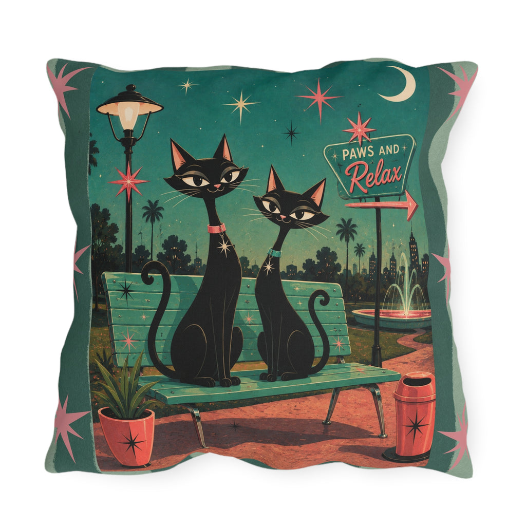 Retro Black Cats Outdoor Pillow | Mid Century Park 'Paws and Relax'