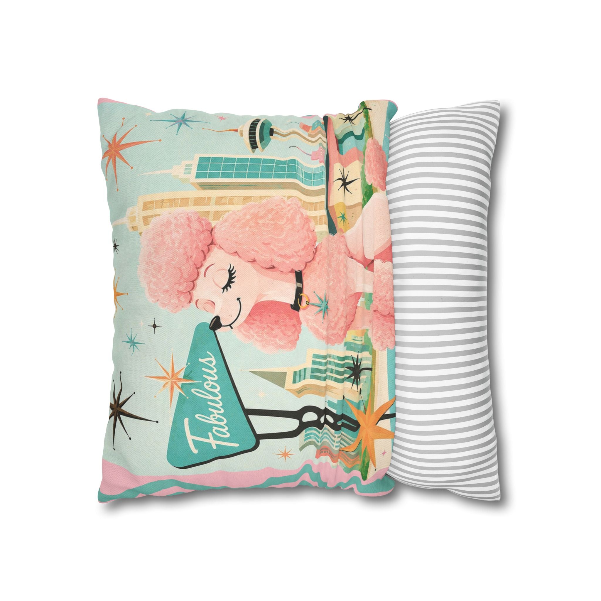 Fabulous Pink Poodle Pillowcase Spun Polyester Square Pillowcase | Retro Mid-Century Dog - COVER ONLY