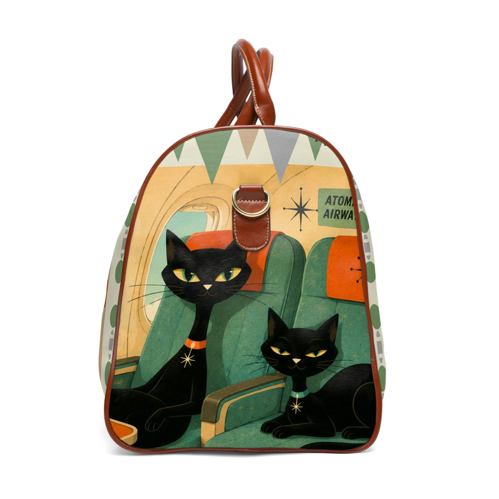 Retro Black Atomic Cats Travel Illustration Waterproof Travel Bag | Midcentury Plane Scene