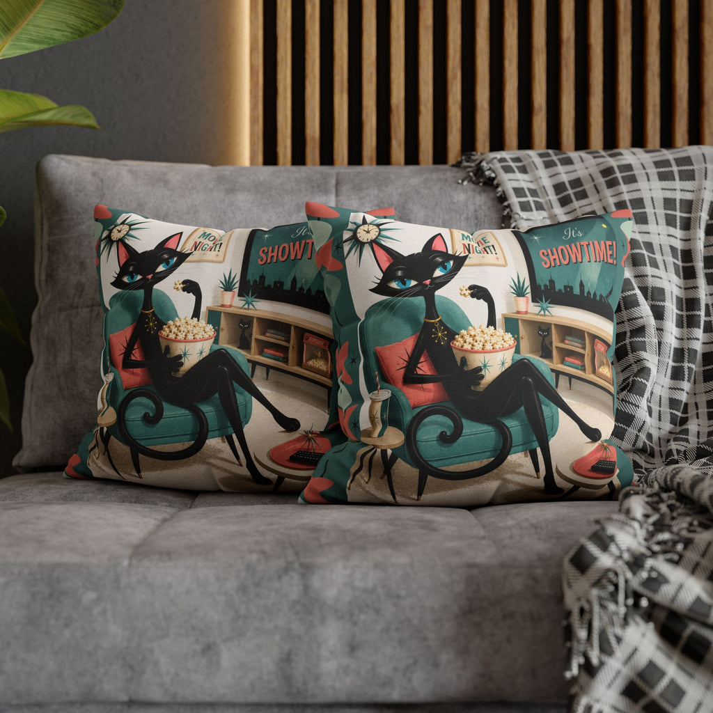 Retro atomic Black Cat Movie Night Pillowcase | MCM Square Pillowcase - Indoor use