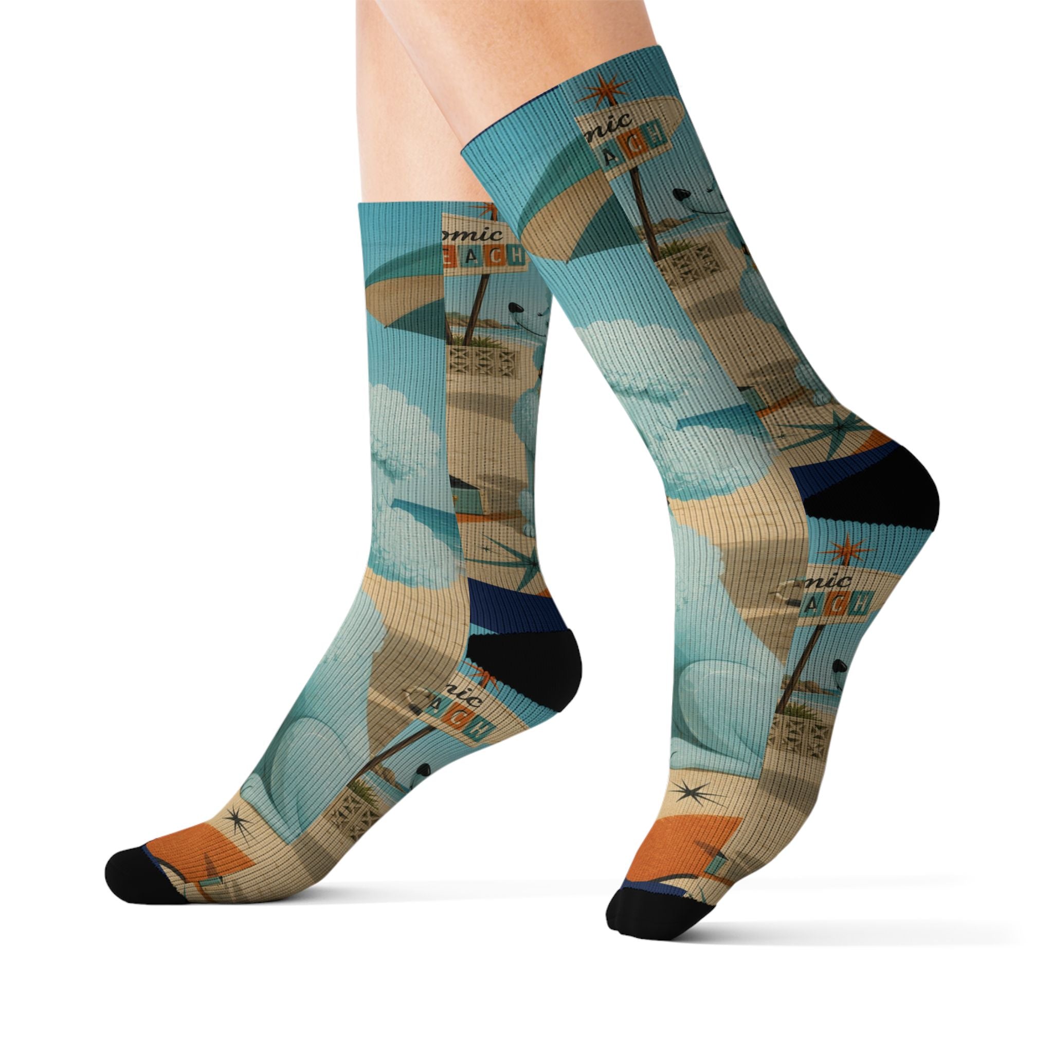 Blue Retro Poodle Pattern Socks | Novelty Mid Century Crew Socks