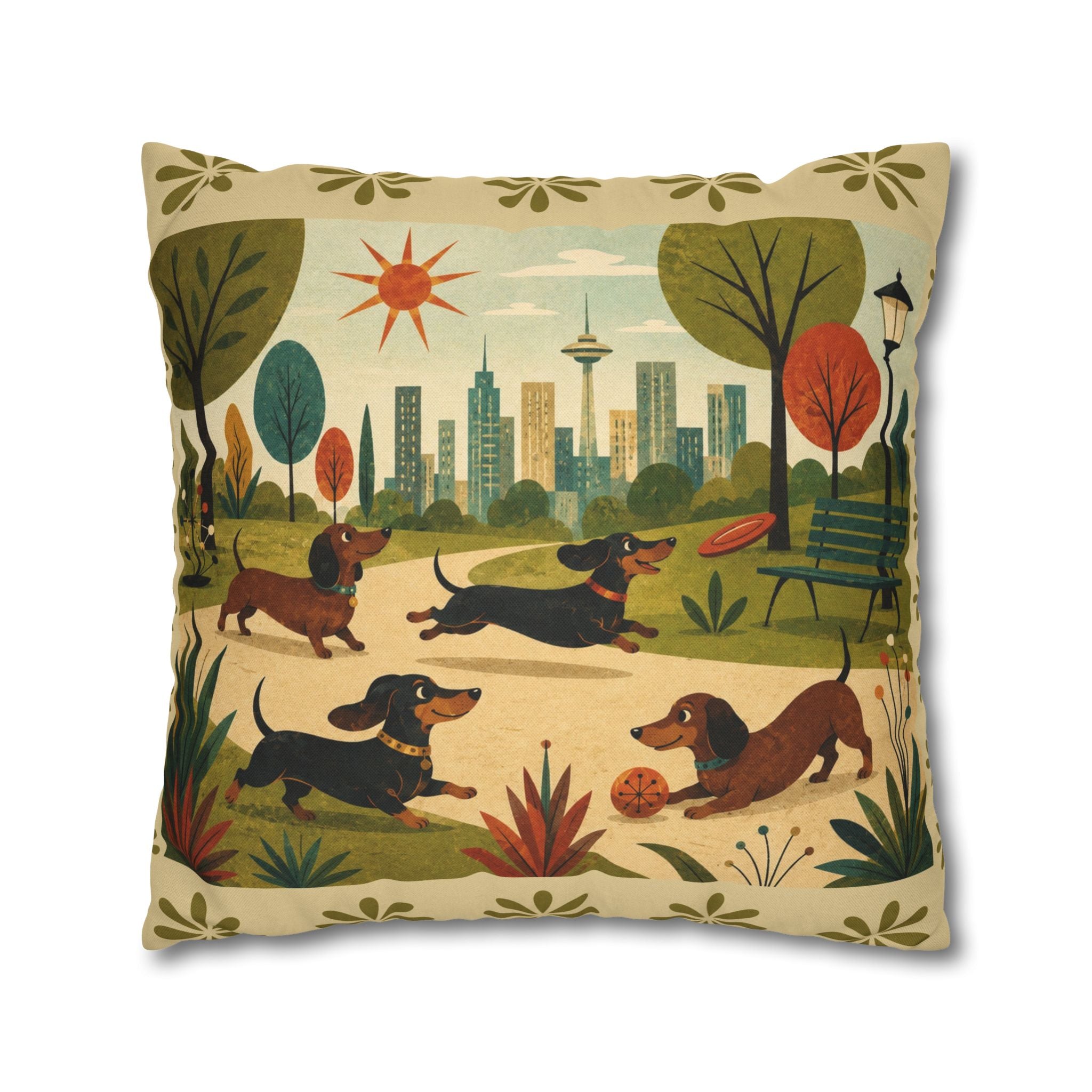 MCM Dachshund Park Scene Pillowcase | Square Decorative Throw Pillowcase - COVER ONLY