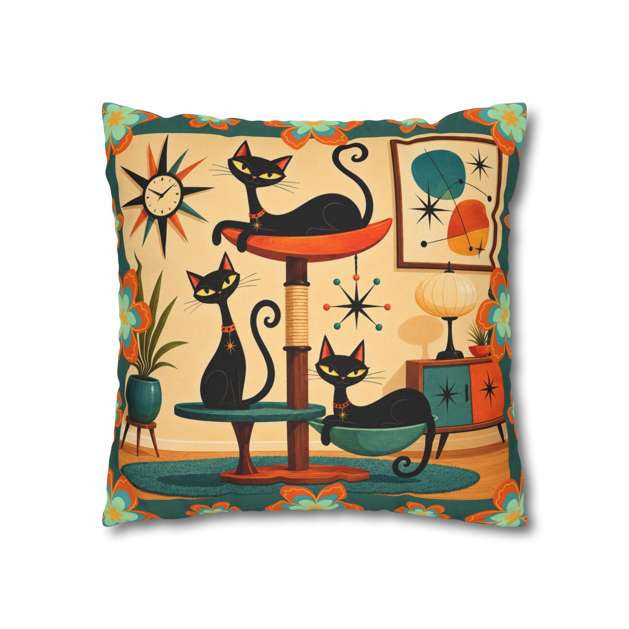 Retro Mid Century Atomic Cats pillowcase | Square Pillowcase - COVER ONLY
