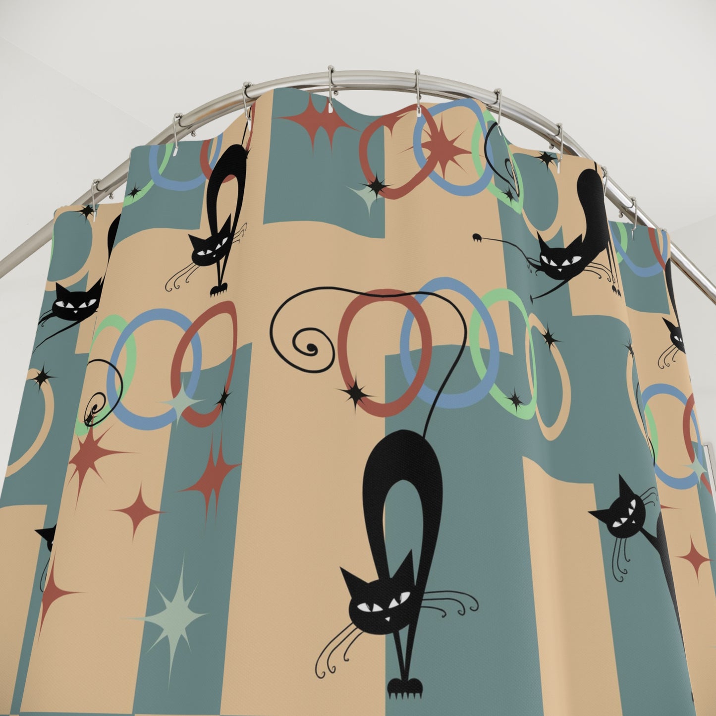 Atomic cat retro circles Shower Curtain, Mid Century Modern, bathtub, stall, black cat shower curtain