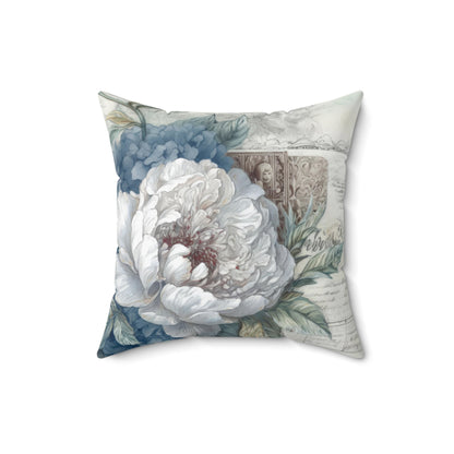 Blue with large white flower floral shabby chic Square Pillow, vintage inspired, couch scatter throw cushion, living room decor