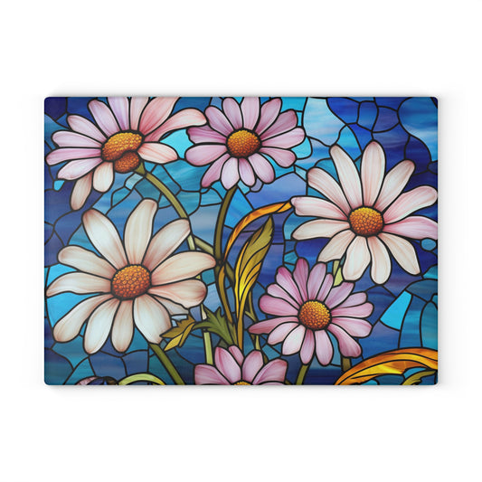 Dazzling Daisy Delight: Stained Glass-inspired Glass Cutting Board for Artful Kitchen Creations