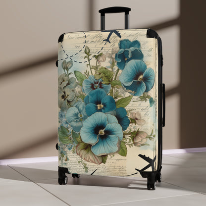 Big blue pansy Suitcase on wheels with planes, holiday weekend, carry on luggage, large roller suitcase, floral travel luggage