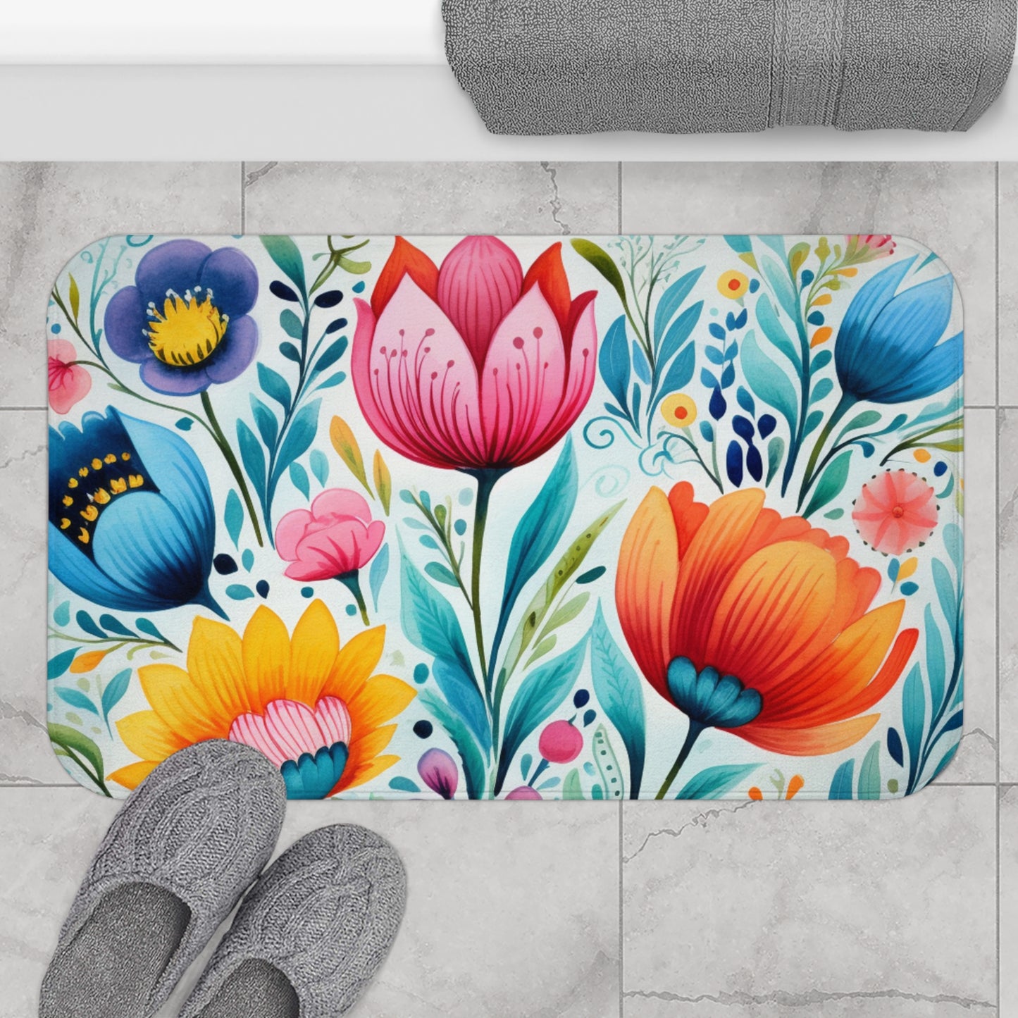 Floral folk art bathmat, whimsical wildflowers, bathroom decor