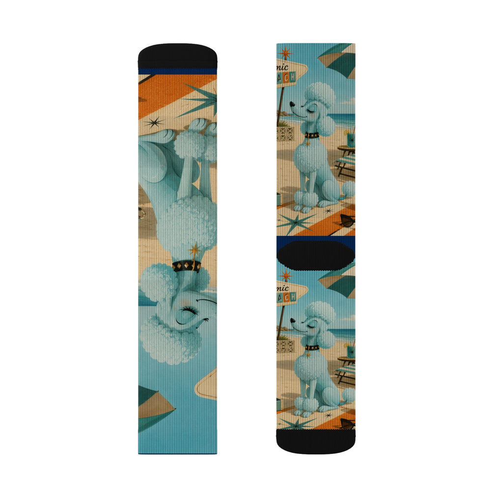 Blue Retro Poodle Pattern Socks | Novelty Mid Century Crew Socks