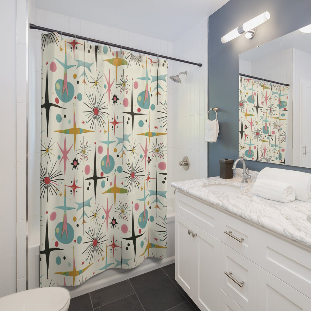 Mid-Century Starburst Shower Curtain — Retro Atomic Pattern