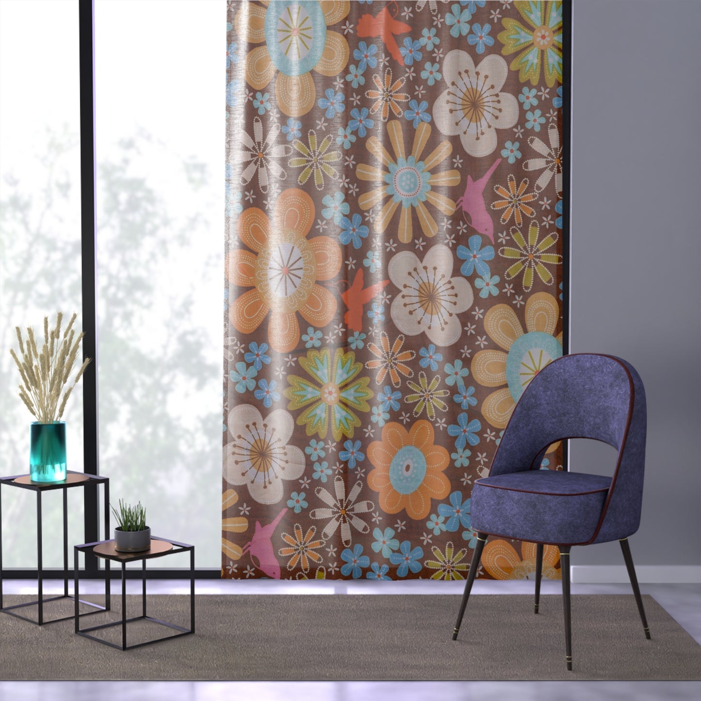 Retro flowers funky sheer Window Curtain for living room or bedroom, retro home decor