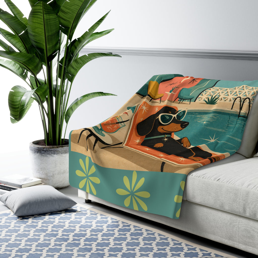 Retro Dachshund Poolside Lounge Sherpa Fleece Blanket | Mid Century Dog Summer