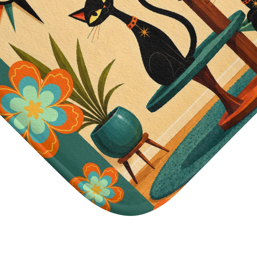 Mid Century Black Cats Bath Mat | Retro Atomic Floral Home Decor