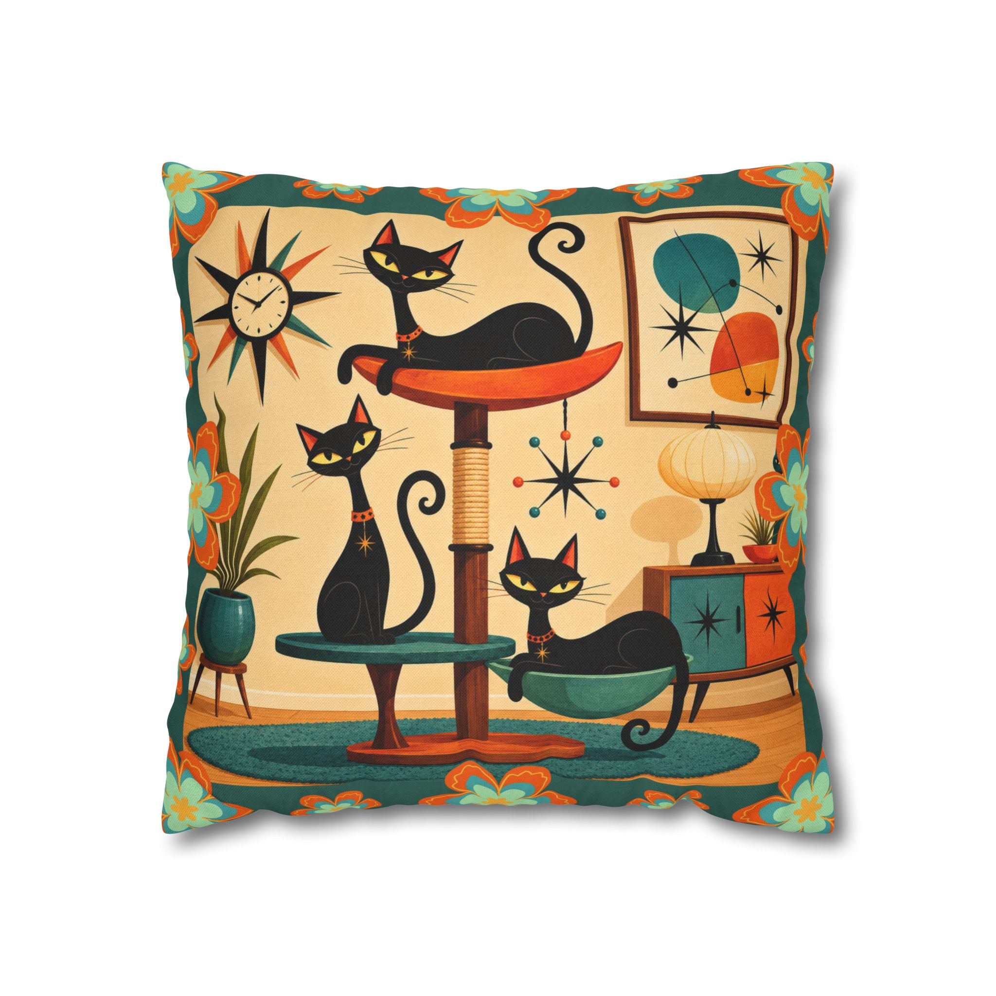 Retro Mid Century Atomic Cats pillowcase | Square Pillowcase - COVER ONLY
