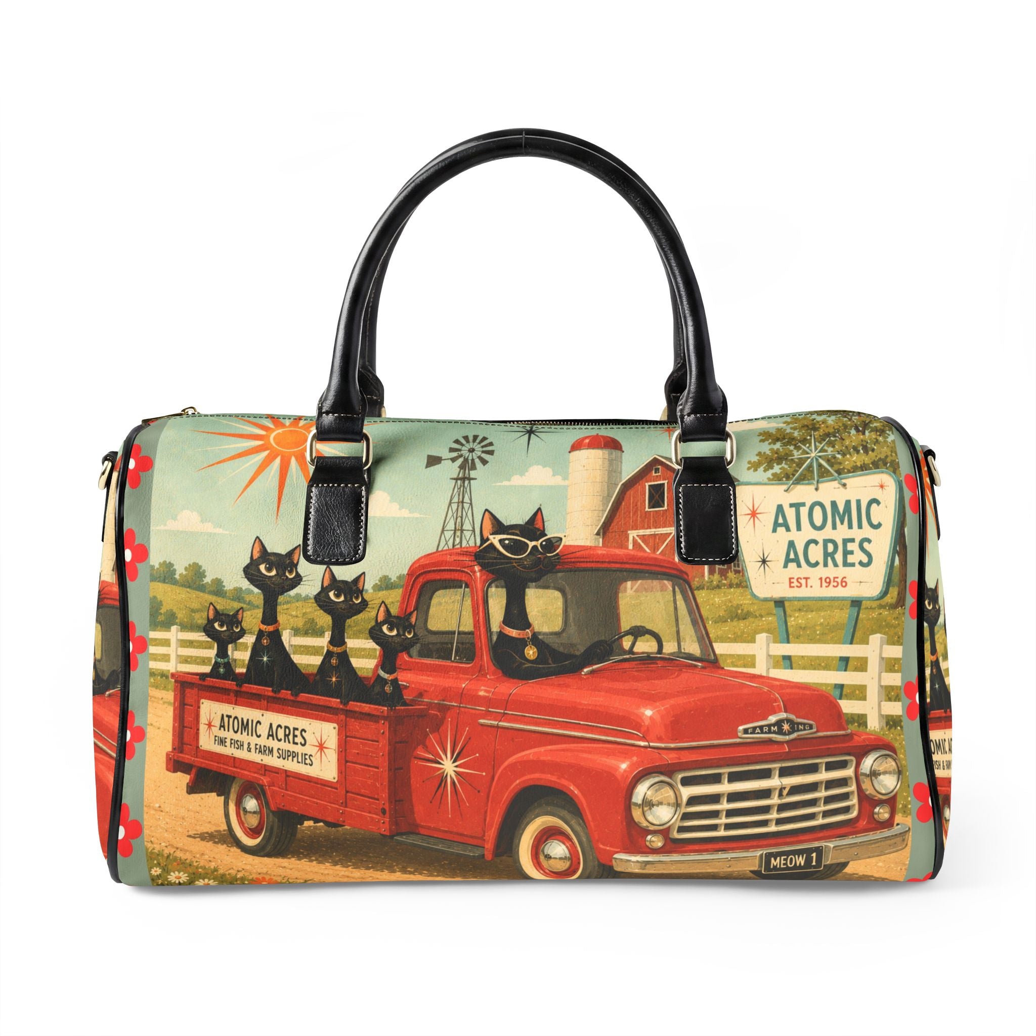 Retro Atomic Cats Truck Faux Leather Travel Bag | Atomic Acres Vintage Roadside Art