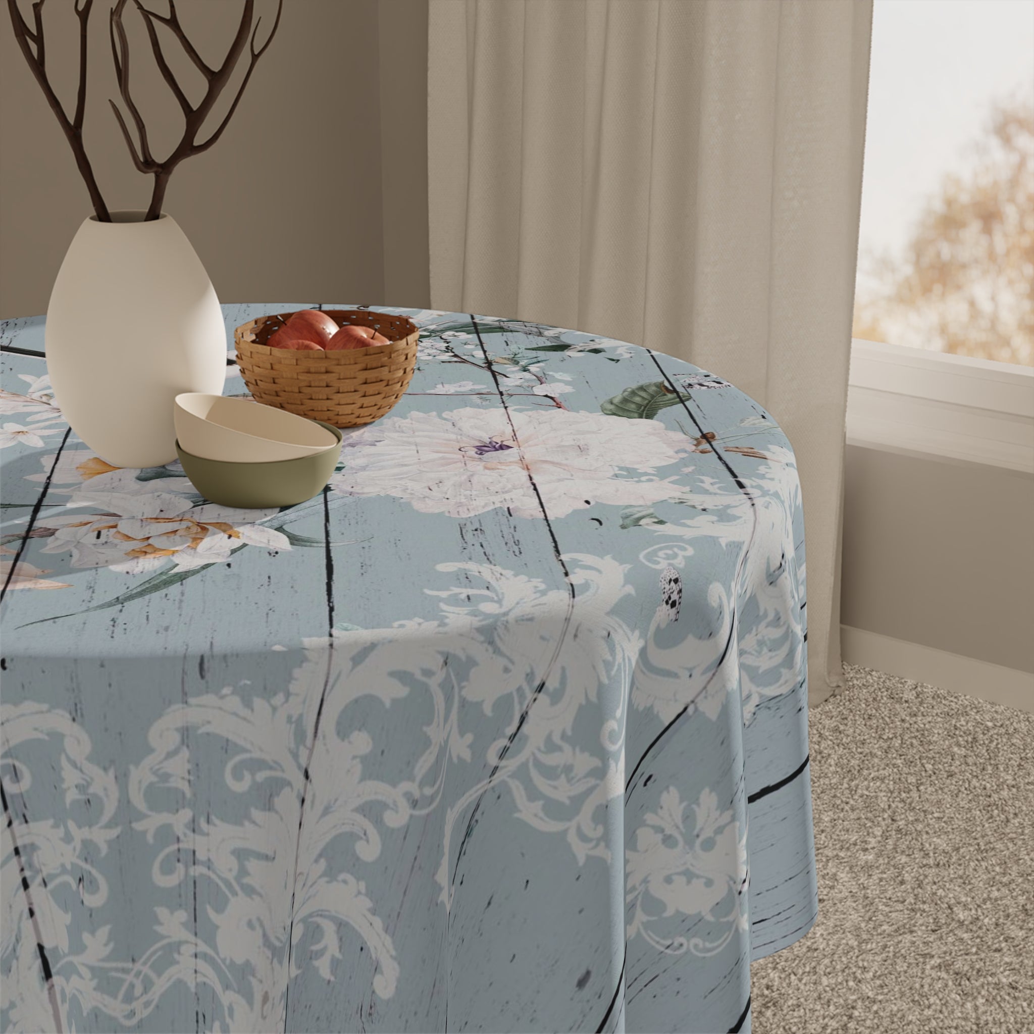 Rustic Floral Bird Tablecloth — Vintage Shiplap Blue Dining Cover