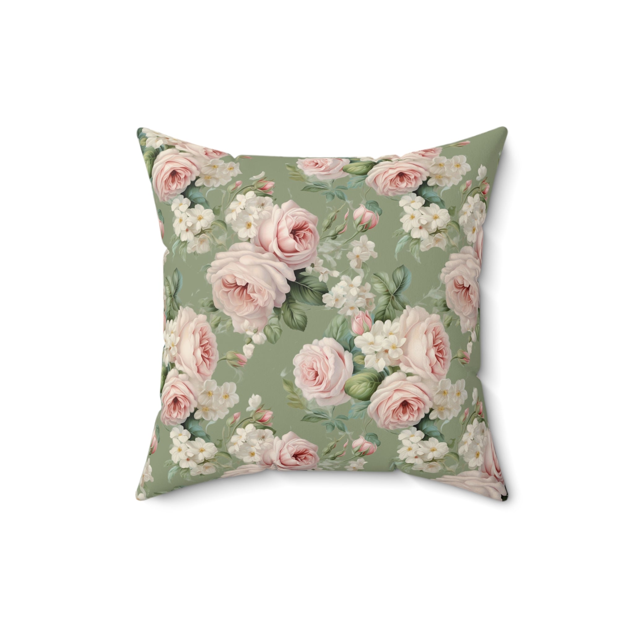 Pink vintage roses with green background Spun Polyester Square Pillow, Shabby chic, Farmhouse decor, country cottage, scatter throw cushion