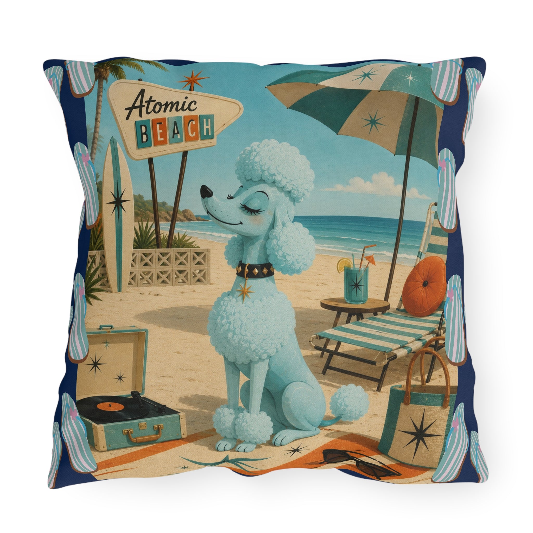 Retro Atomic Beach Blue Poodle Outdoor Pillow | Mid Century Coastal Decor