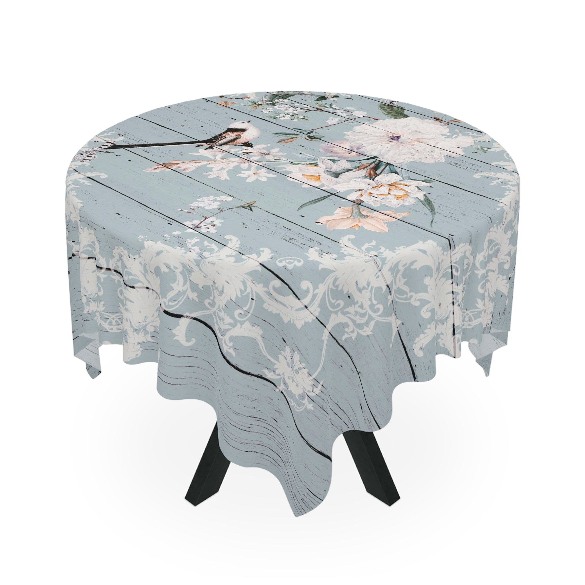 Rustic Floral Bird Tablecloth — Vintage Shiplap Blue Dining Cover