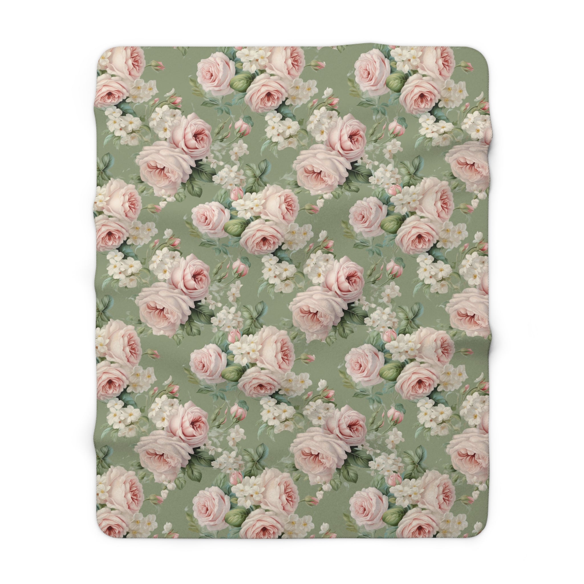Pink vintage rose with green background Sherpa Fleece Blanket, Farmhouse decor, Shabby chic, country cottage, throw couch blanket