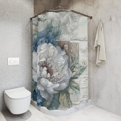 Blue with large white flower Shabby chic Shower Curtain, French vintage inspired, floral bathroom, bathtub stall shower curtain